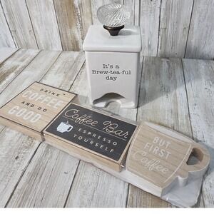 Mud Pie Brew-tea-ful Tea Bag Dispenser & Coffee Bar Wood Signs Bundle White